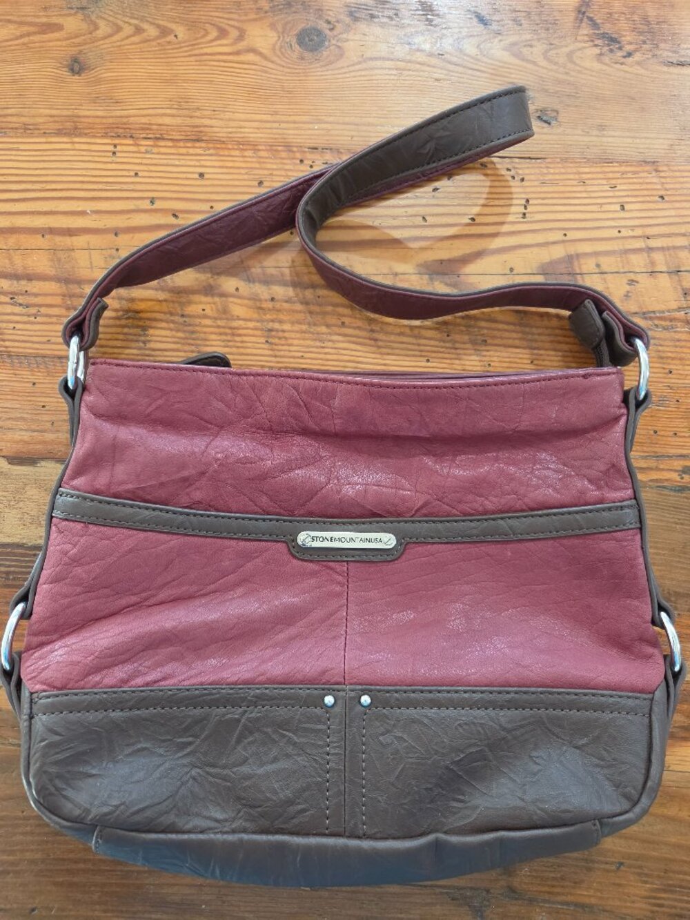 Stone Mountain Pebbled Leather Shoulder Bag Purse Red Brown Zipper Accent 12 x 9